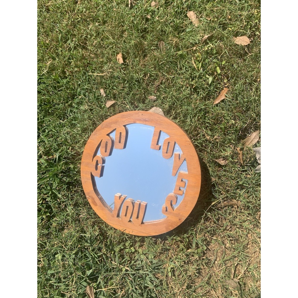 Vintage Handmade‎ Wood "God Loves You" Mirror Cottage Decor Religious Hanging